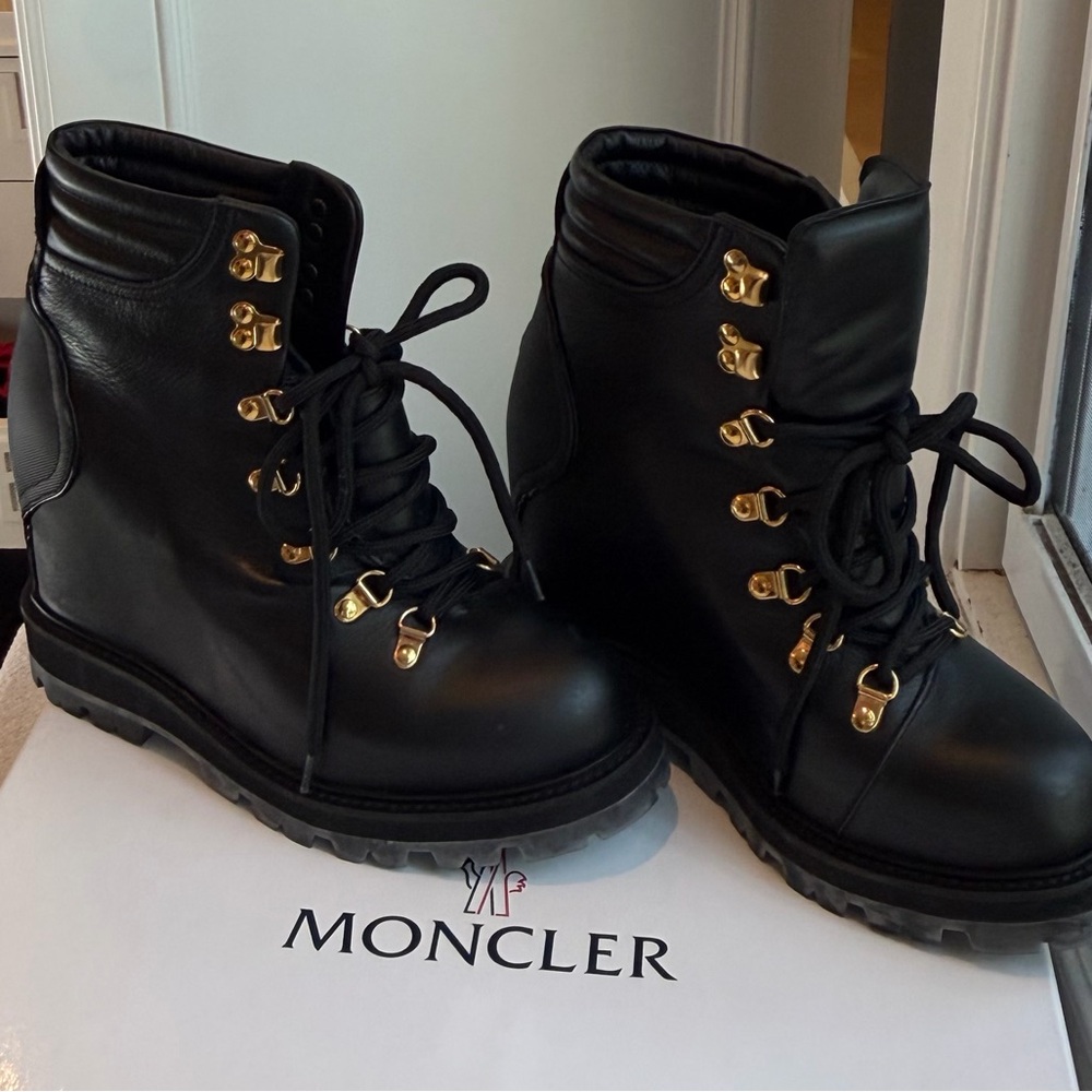 Moncler Women's Black Lace-Up Boots with Gold Accents